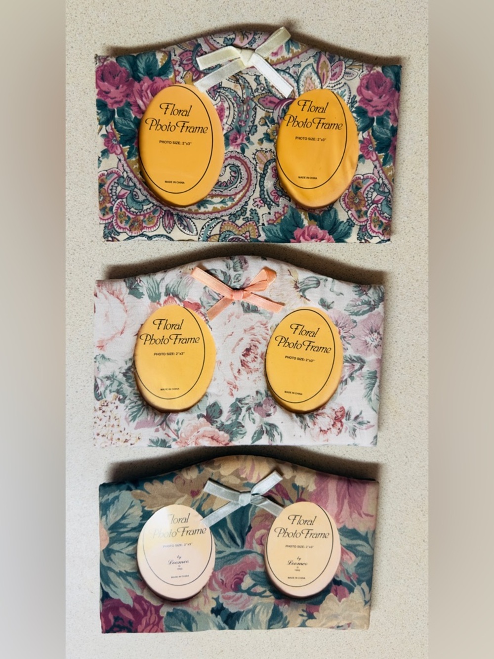 SET OF 3 Vintage 1992 Loomco Floral Quilted Photo Frames With Bow Detail 2X3